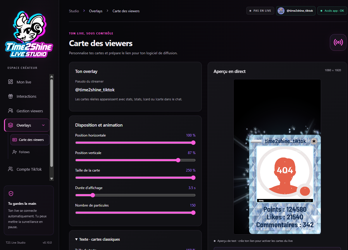 Éditeur de cartes viewers T2S Live Studio avec les réglages de position, de taille et d’animation à côté de l’aperçu