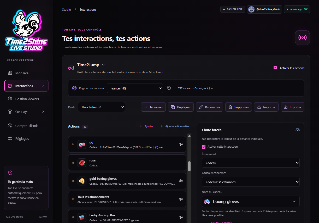Réglages des interactions T2S Live Studio avec les profils de jeu, les cadeaux et les actions sonores