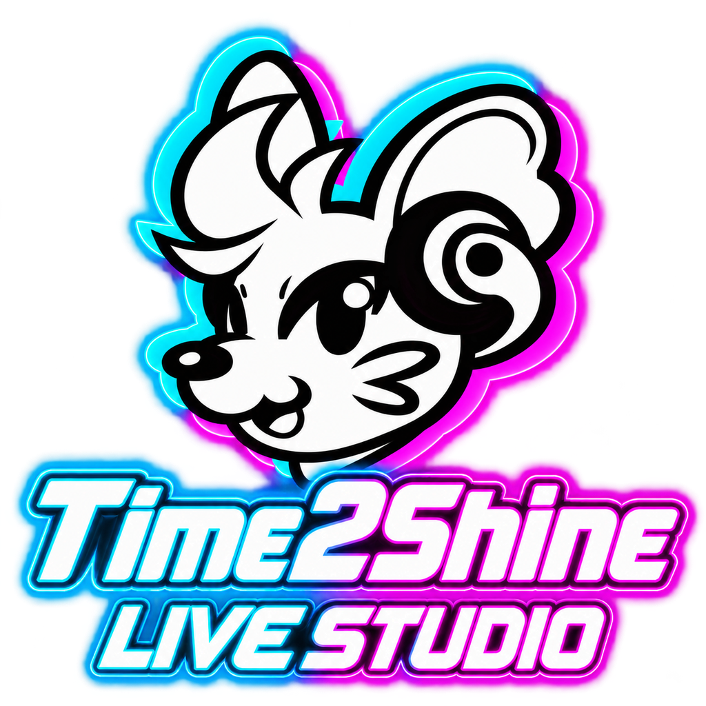 Mascotte et logo de Time2Shine Live Studio avec un contour néon cyan et rose